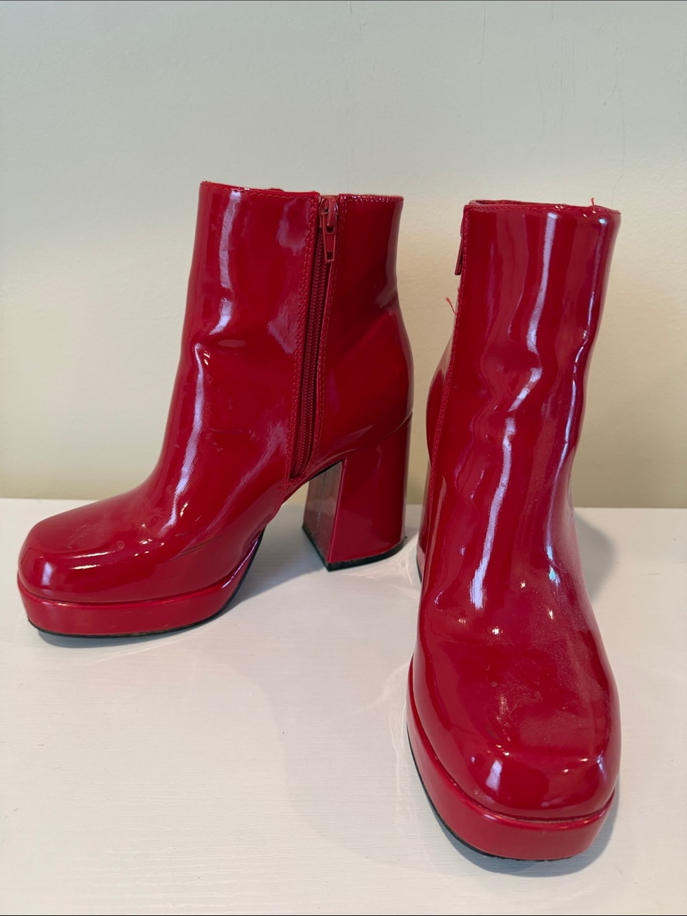 BAMBOO Red Patent Platform Ankle Boots